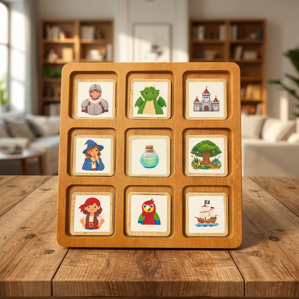 TaleTiles wooden board with character tiles on a table