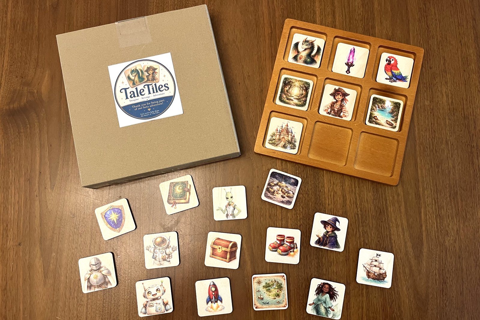 The TaleTiles kit, wooden tray and story tiles