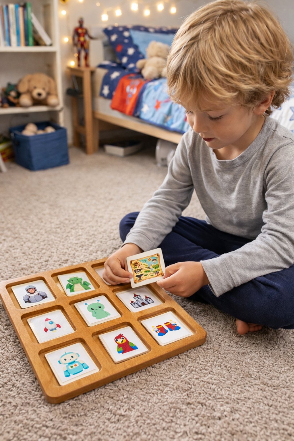 Child playing with TaleTiles on carpet